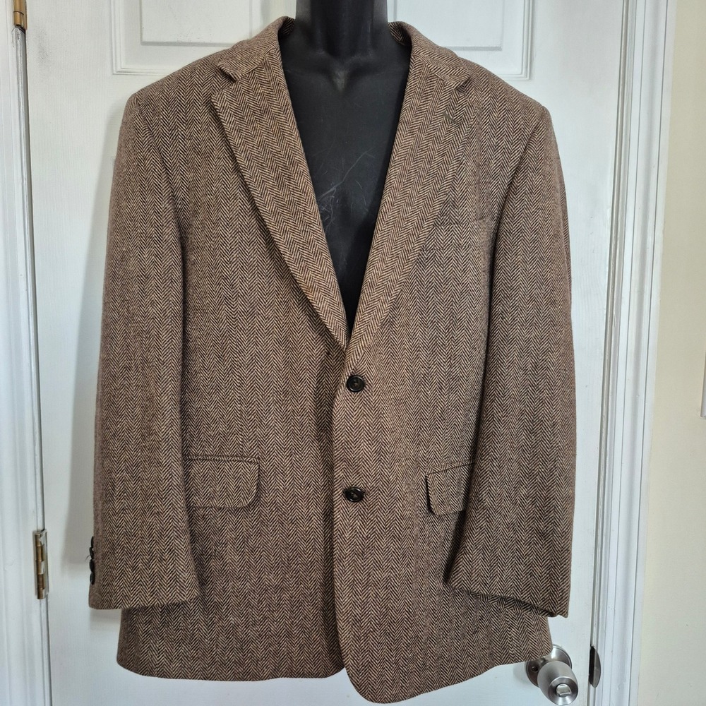 Lands End Mens Brown Herringbone Lambswool Wool Blazer Sport Coat 43R